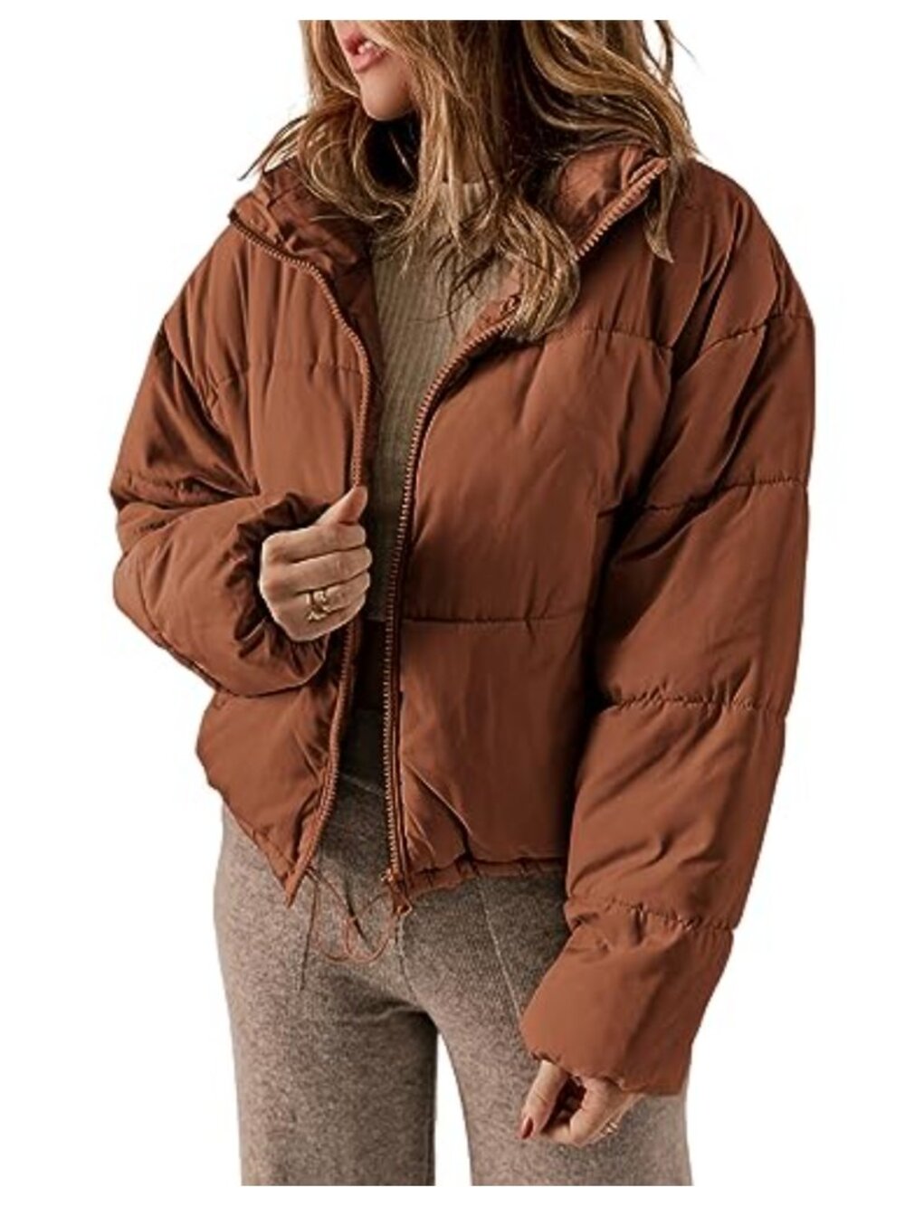 Womens Quilted Puffer Jacket Long Sleeve Zip Front Coat Loose Fit